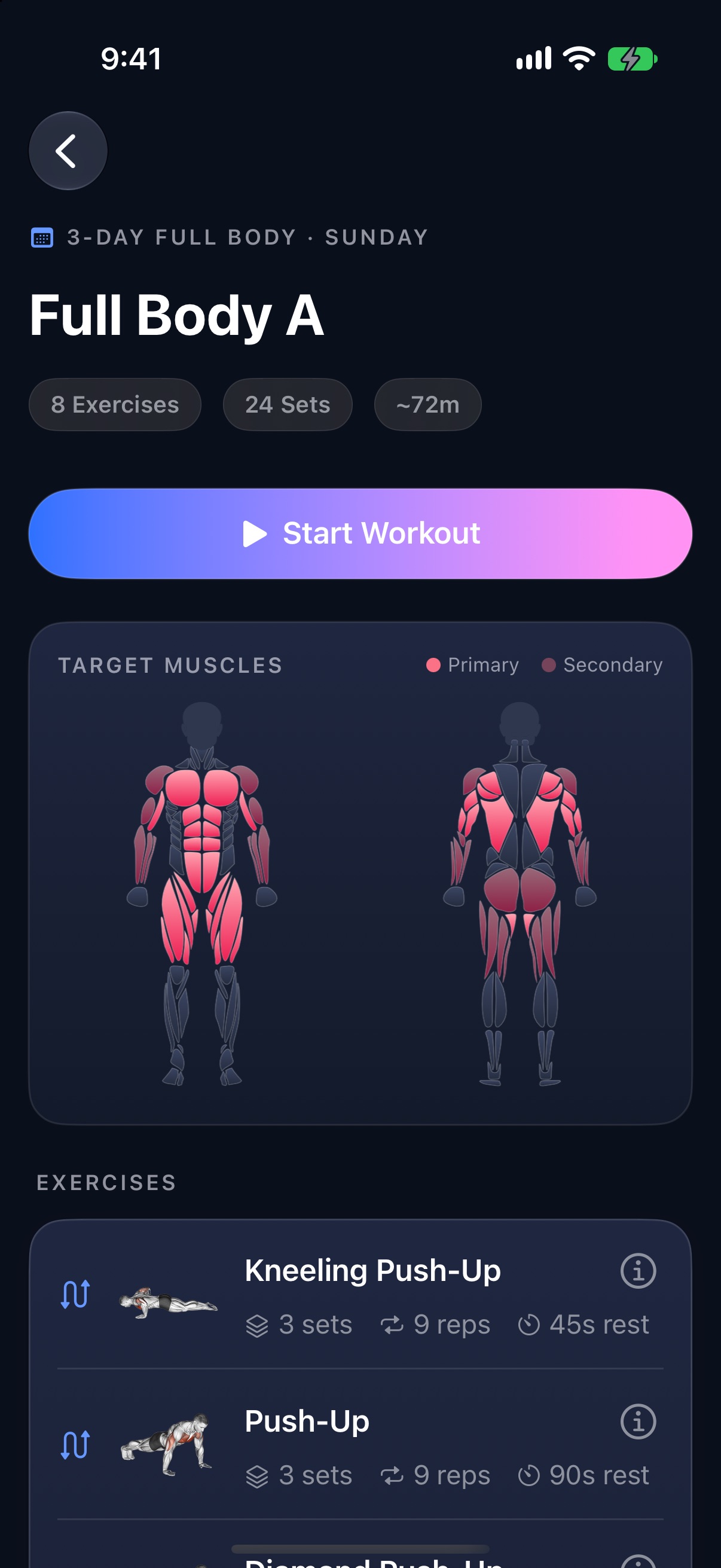 Tiqan Today screen — your workout for the day with a readiness score and muscle map